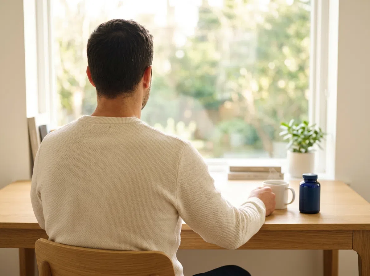 Anonymous person at a desk with supplement bottle and coffee - everyday men's wellness routine