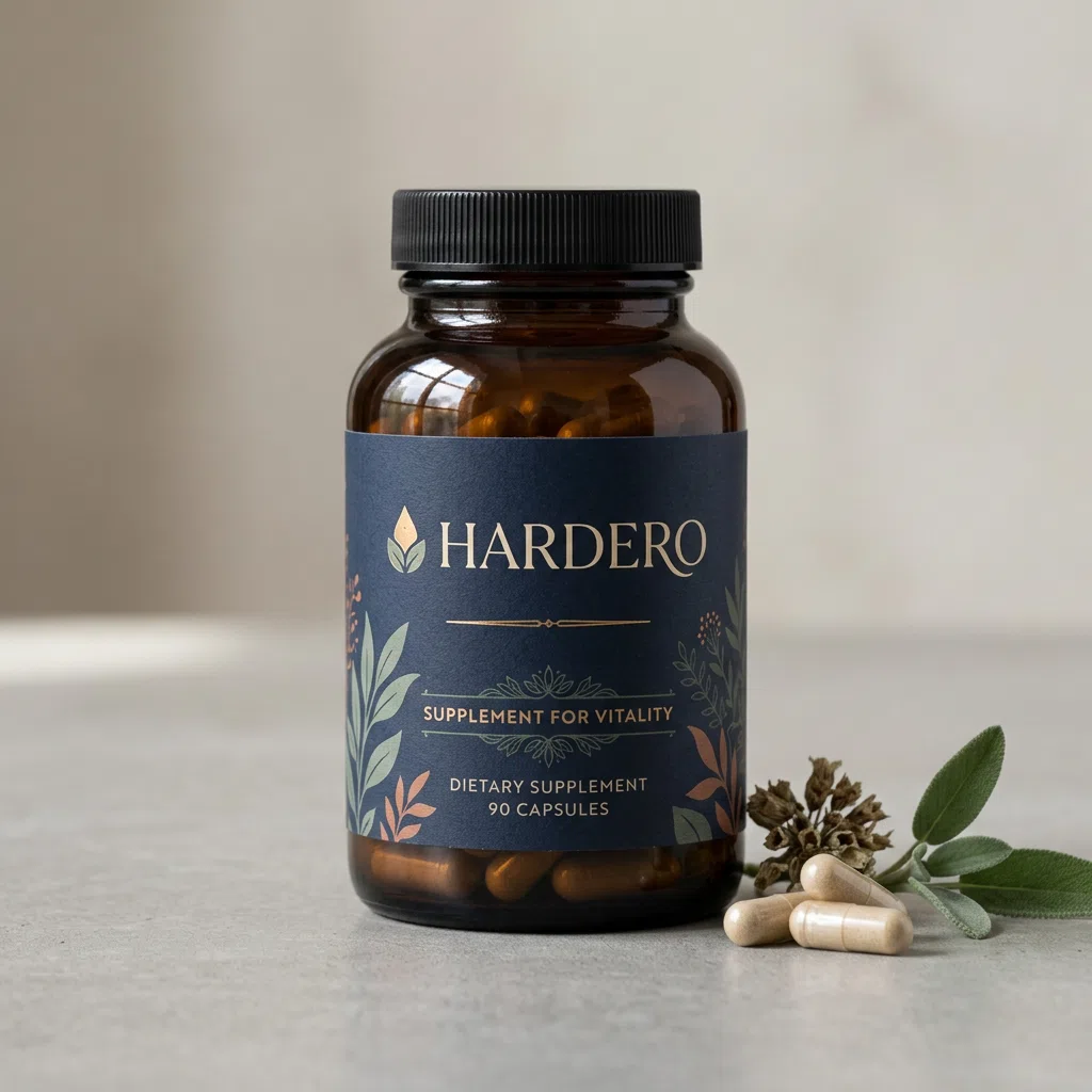 Hardero men's pelvic wellness supplement bottle - dark navy matte cylindrical bottle with white and gold label