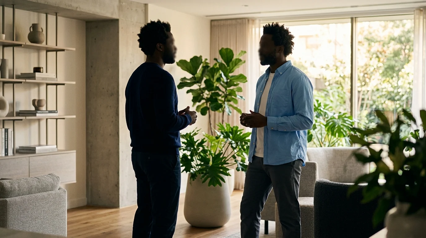 Two adults in conversation in a softly lit modern interior - men's wellness editorial